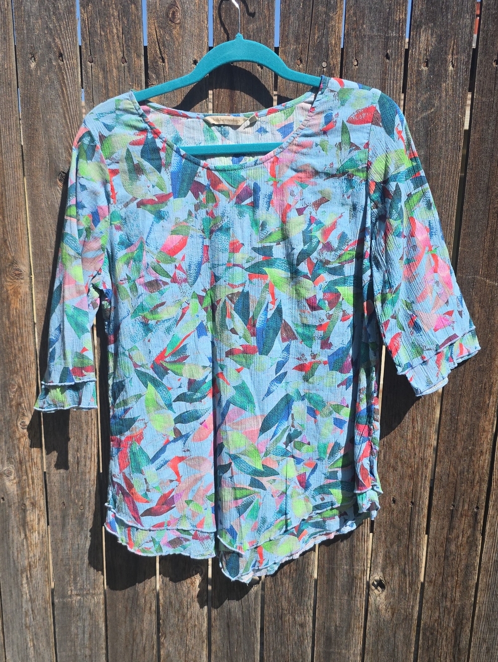 Light Blue Floral Leaf Print Women's Top 100% Cotton